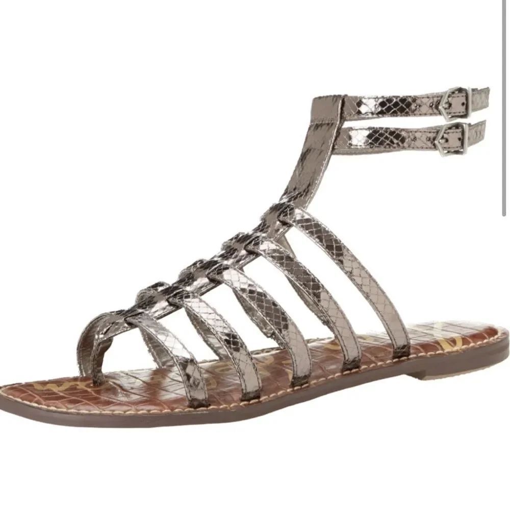 Sam Edelman GILDA Gunmetal Silver Snakeskin Open Toe Buckle Gladiator Sandals